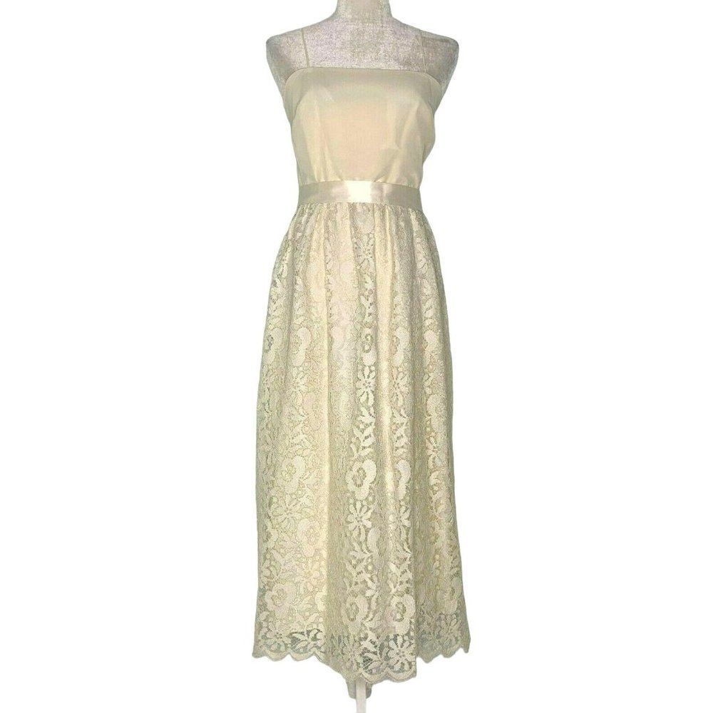 Vintage 60s Miss Elliette Eyelash Lace Dress S Ivory Empire Waist Satin Belt